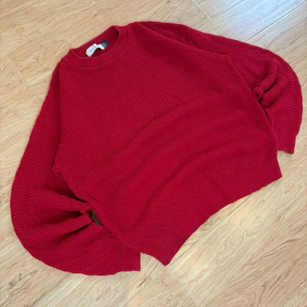 Bill Blass 1990s Made in USA Red Cotton Textured Knit Crewneck Sweater Large